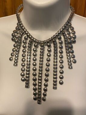 Heavy Silvertone Industrial Hardware Fringe Statement Necklace Y2K Cyber Grunge
